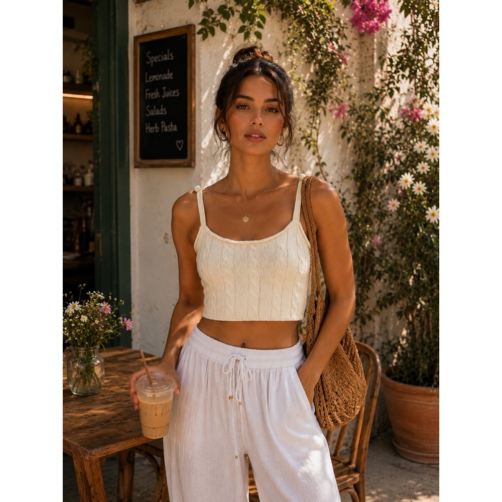 Altar'd State Cream Cable Knit Crop Cami Tank Top Tie Straps Ivory‎ Medium